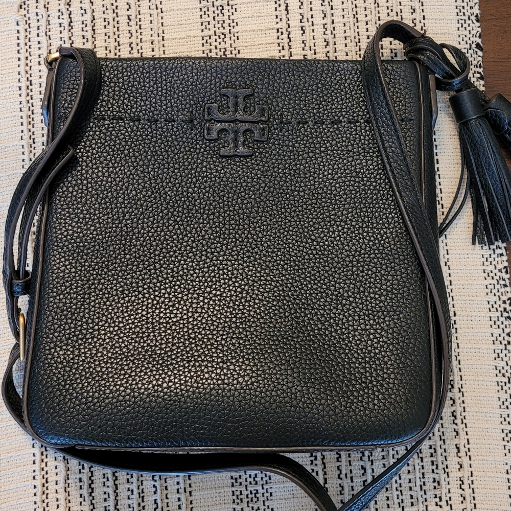 Tory Burch Black Pebble Leather Crossbody Top Zip Bag, Amazing Condition!!!